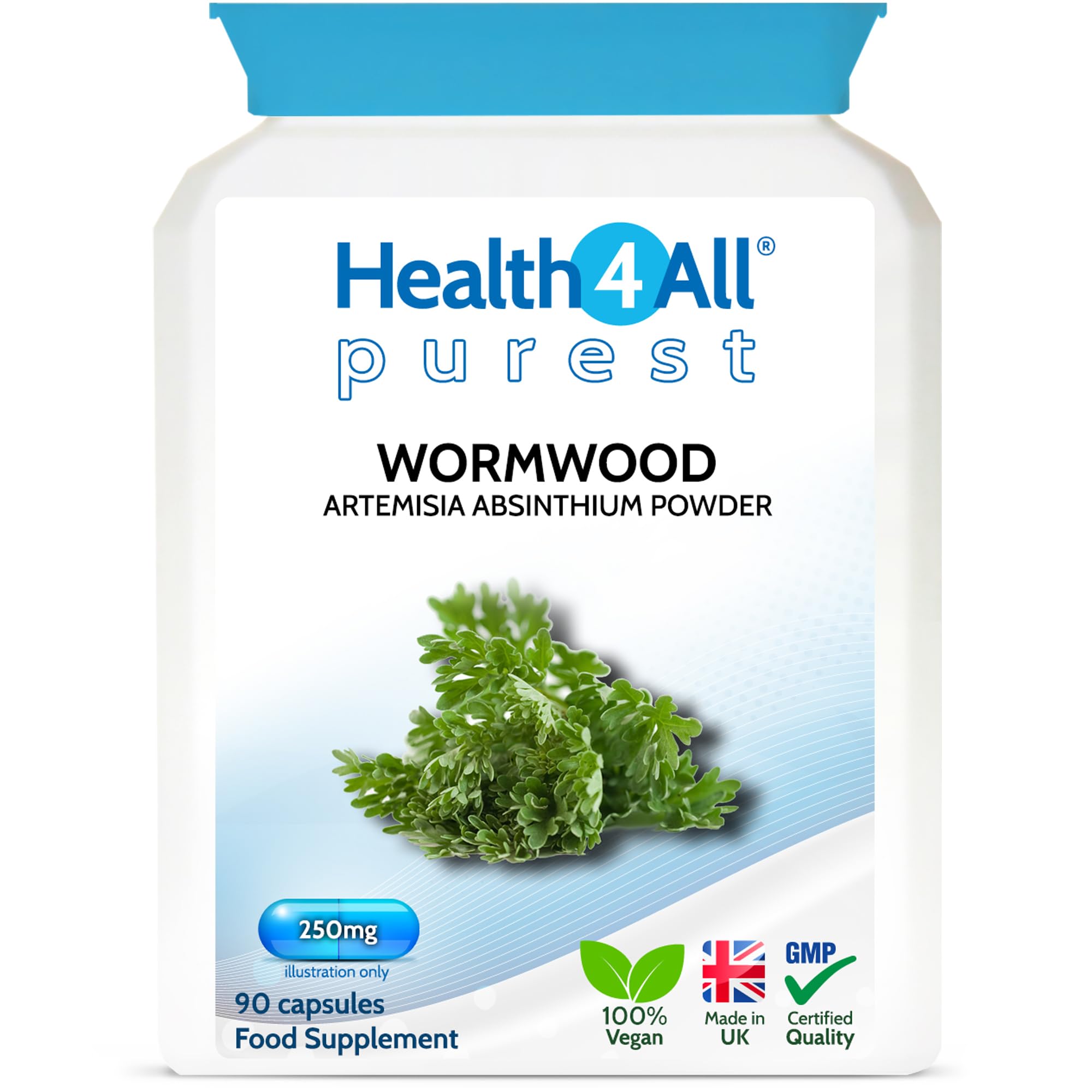 Health4All Wormwood 250mg 90 Capsules, Purest Vegan Artemisia Absinthium Supplement for Adults | Intestinal Cleanse, Supports Bile Production | Made in UK