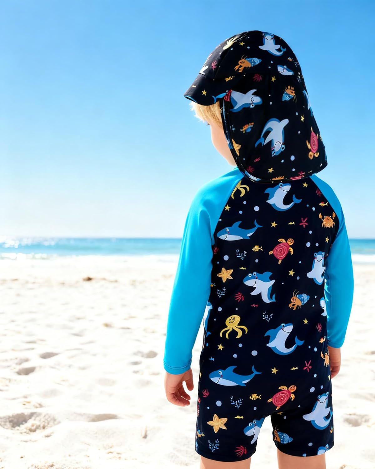 Baby Boy Swimsuit One Piece Long Sleeve Bathing Suit Rash Guard UPF 50+ Sun Protection with Hat 0-24 Months - Image 3