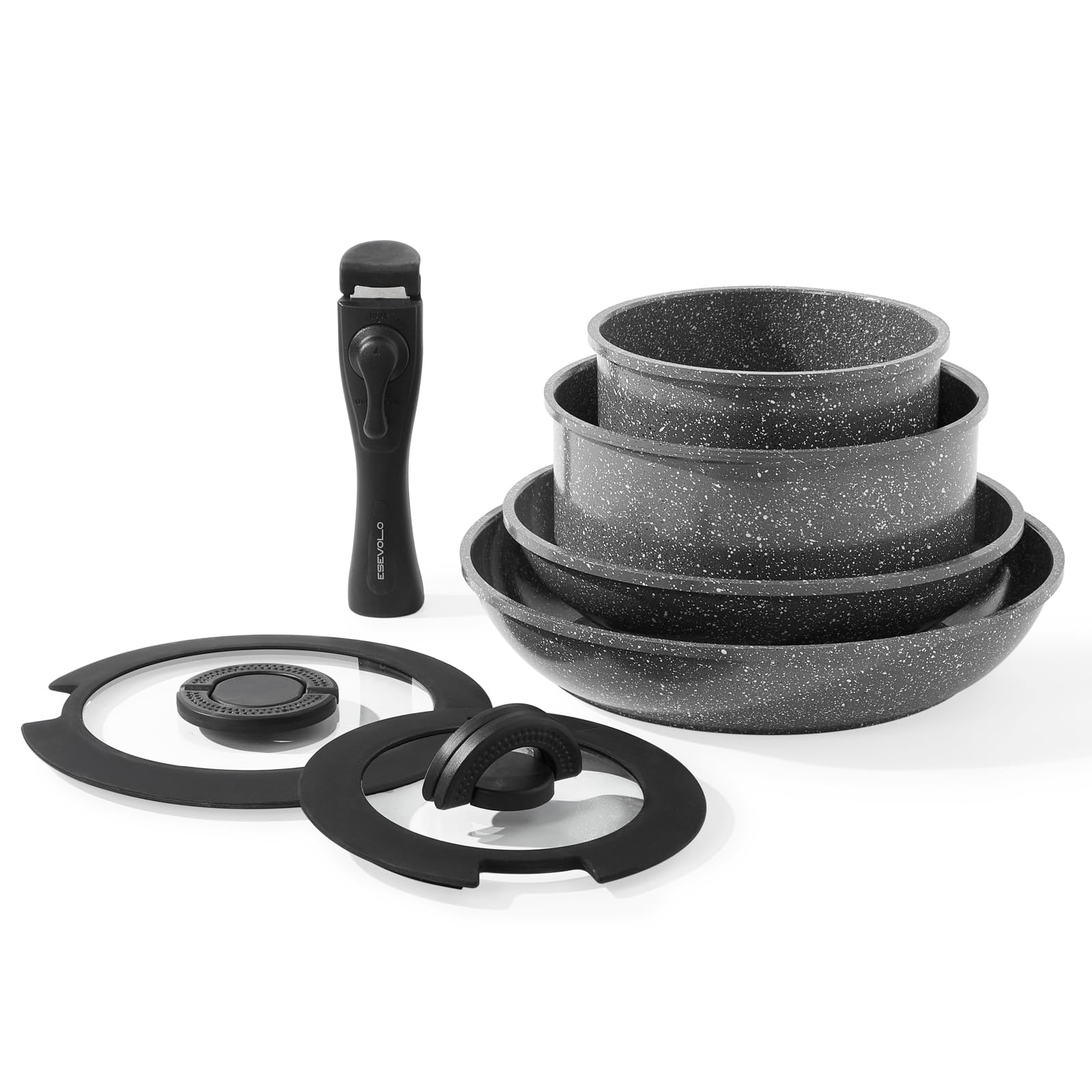Topfset Pfannenset Induktion 7-teilige mit Abnehmbarer Griff, PFAS-Frei Keramik-Antihaftbeschichtet Pfanne 24/28cm, Kasserolle 16/20cm mit Glasdeckel, Stapelbar Ofenfest, Grau