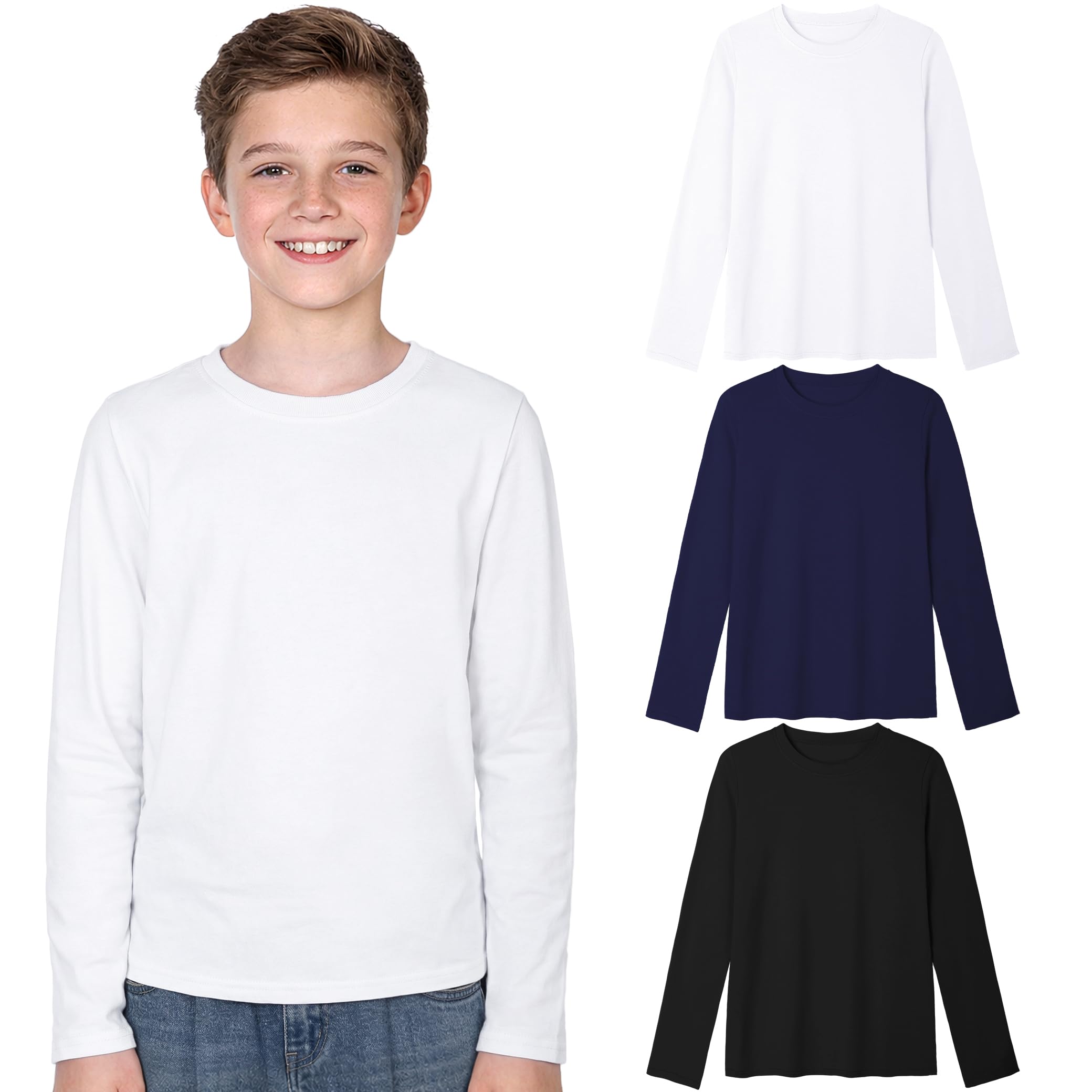 KEREDA 3er-Pack Unterhemd Jungen Langarmshirt Kinder Longsleeve Unisex Langarm T-Shirt Baumwolle Top Shirt für Teenager Mädchen 5-14 Jahre Schwarz/Marineblau/Weiß134-140