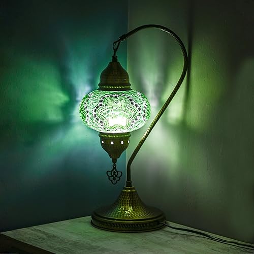 Lámpara turca marroquí estilo Tiffany hecha a mano con mosaico colorido para escritorio, mesita de noche, cuello de cisne, pantalla con cuerpo de