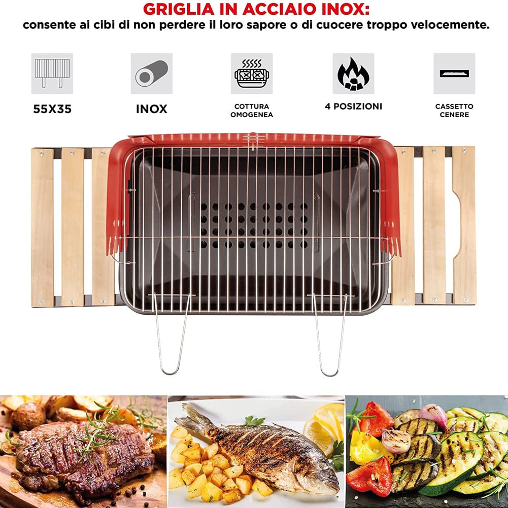 BAKAJI Barbecue Trolley a Carbonella in Metallo e Legno, BBQ Braciere Portatile con 3 Ripiani d'Appoggio e 2 Ruote, Grill da Giardino Ideale per Campeggio, Balcone, Esterni, Graticola in Acciaio