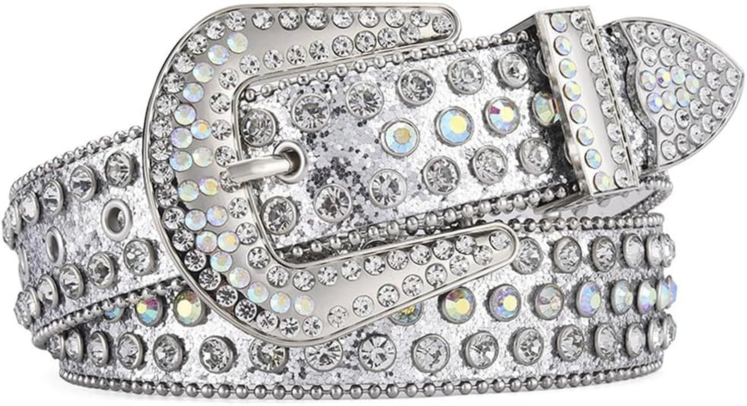 KGAIXN Rhinestone Bling Belt for Women Men Cowboy Cowgirl Sparkly Studded Party Y2K Plus Size, Sz001-silver, Fit Waist 30-34 inch