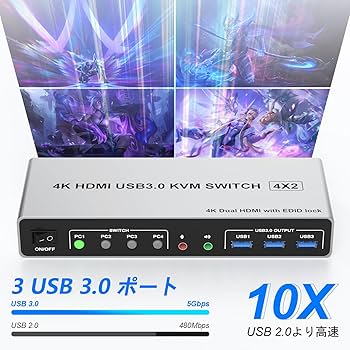 デュアルモニター USB3.0 KVM 切替器 2入力2出力 Amazon.co.jp: 4K@60Hz HDMI USB 3.0 デュアル モニター KVM切替