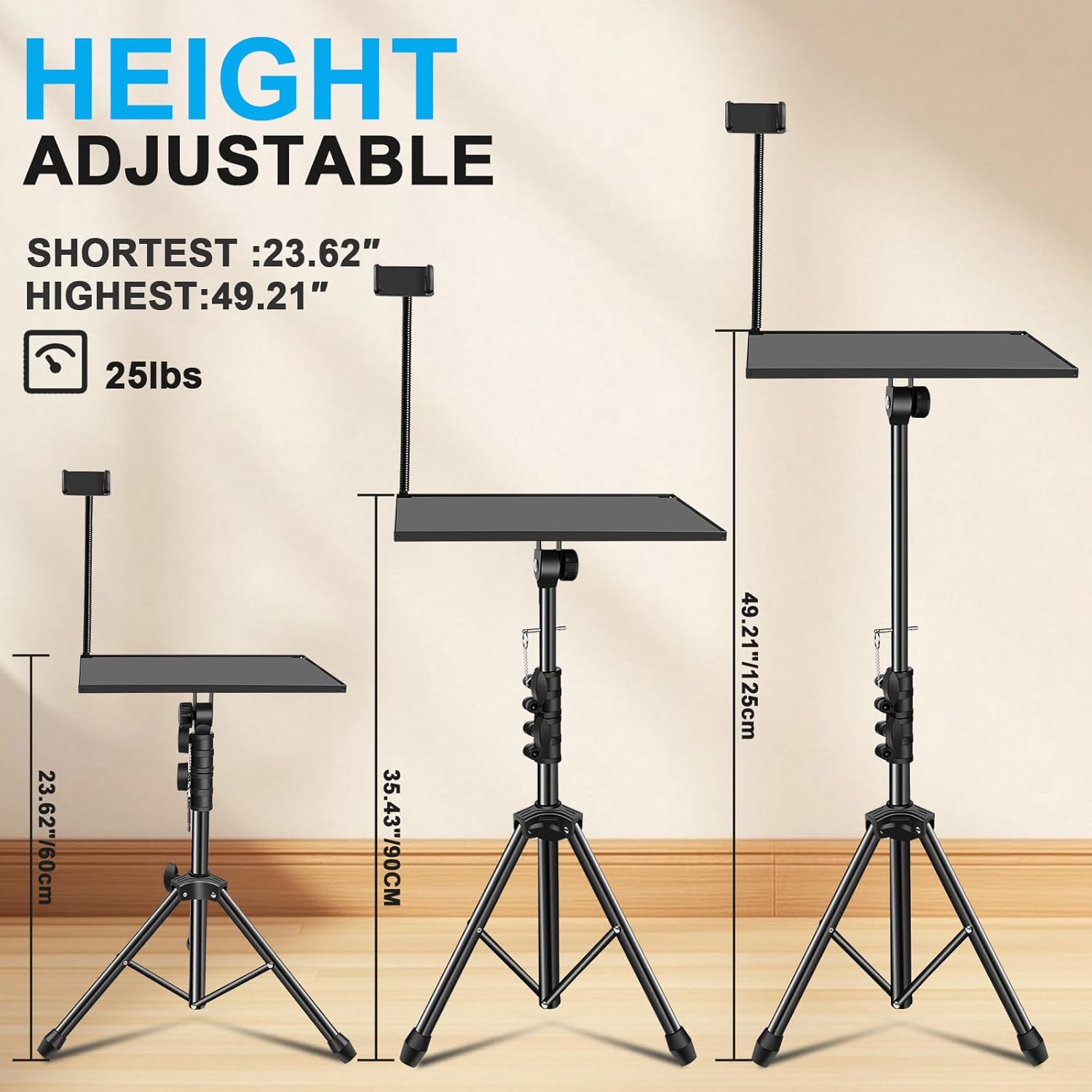 Projector Tripod Stand, 23-49" Height Adjustable Laptop Stand with Phone Holder, Portable Projector Stand, Tripod for Projector, DJ, Laptop, Projector Floor Stand for Office, Home, Outdoor