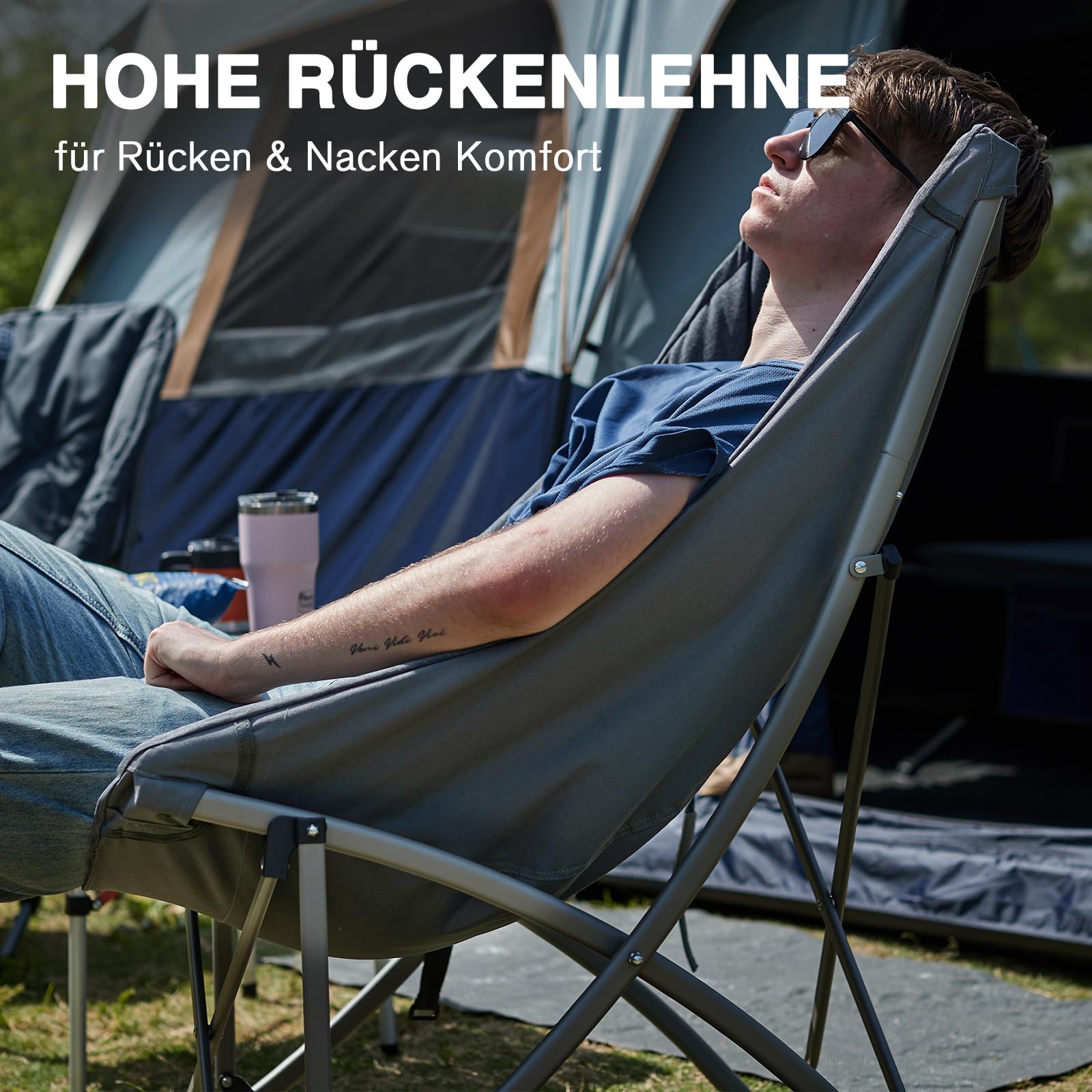 EVER ADVANCED Luxus Campingstuhl Faltbar 6CM Gepolstert, Klappstuhl 150KG Belastbar Kleines Packmaß, Extra Hohe Rückenlehne, Tragbarer Faltstuhl für Camping, Garten, Balkon, Picknick, Indoor
