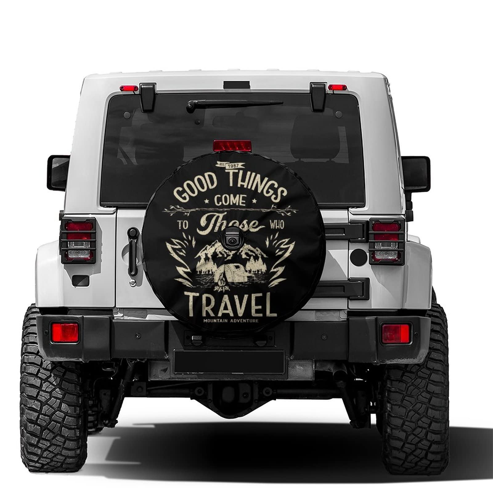 Delerain Mountain Camp Spare Tire Cover with Backup Camera Hole for Jeep RV Trailer SUV Truck and Many Vehicle, Wheel Covers Sun Protector Waterproof (12 Inch for Diameter 18"-19")