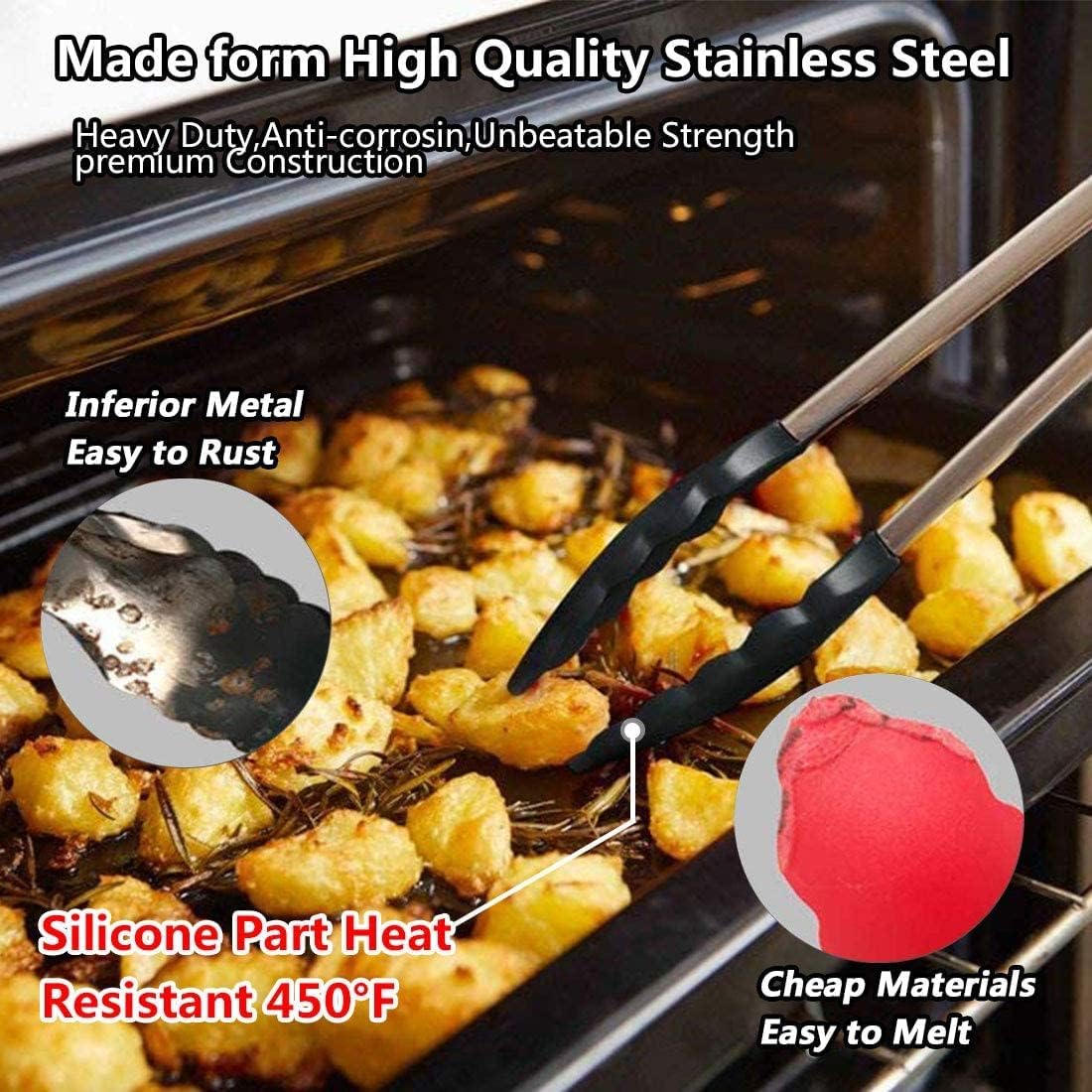 Utoolmart Kitchen Tongs Stainless Steel Locking Tong Set 7-inch 9-inch 12-inch with Silicone Tip for Cooking Grilling Barbecue Black 1 set,Gifts for Christmas