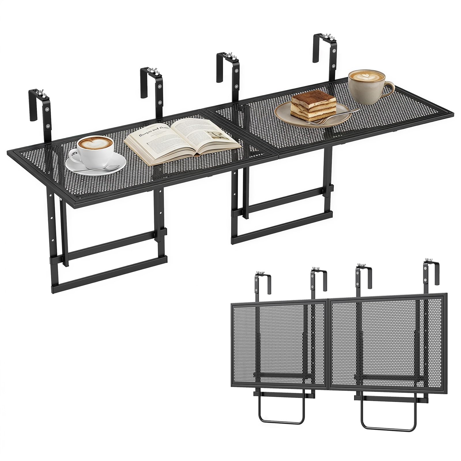 COSTWAY Set di 2 Tavolini Pieghevole da Balcone, 121 x 41 x 60-80 cm | Tavolino da Appendere per Ringhiera con Piano d'Appoggio Ampio, 5 Posizioni Altezza Regolabili, Tavolo Richiudibile