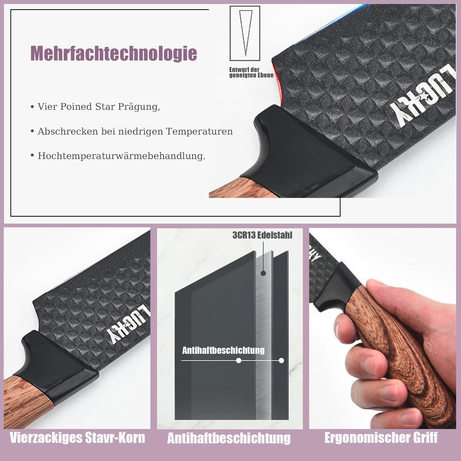 Justup Juego de Cuchillos de 6 Piezas Para Cocina - Cuchillos de Chef Afilados de Acero Inoxidable Antiadherente y Antideslizante Con Asiento (Negro)
