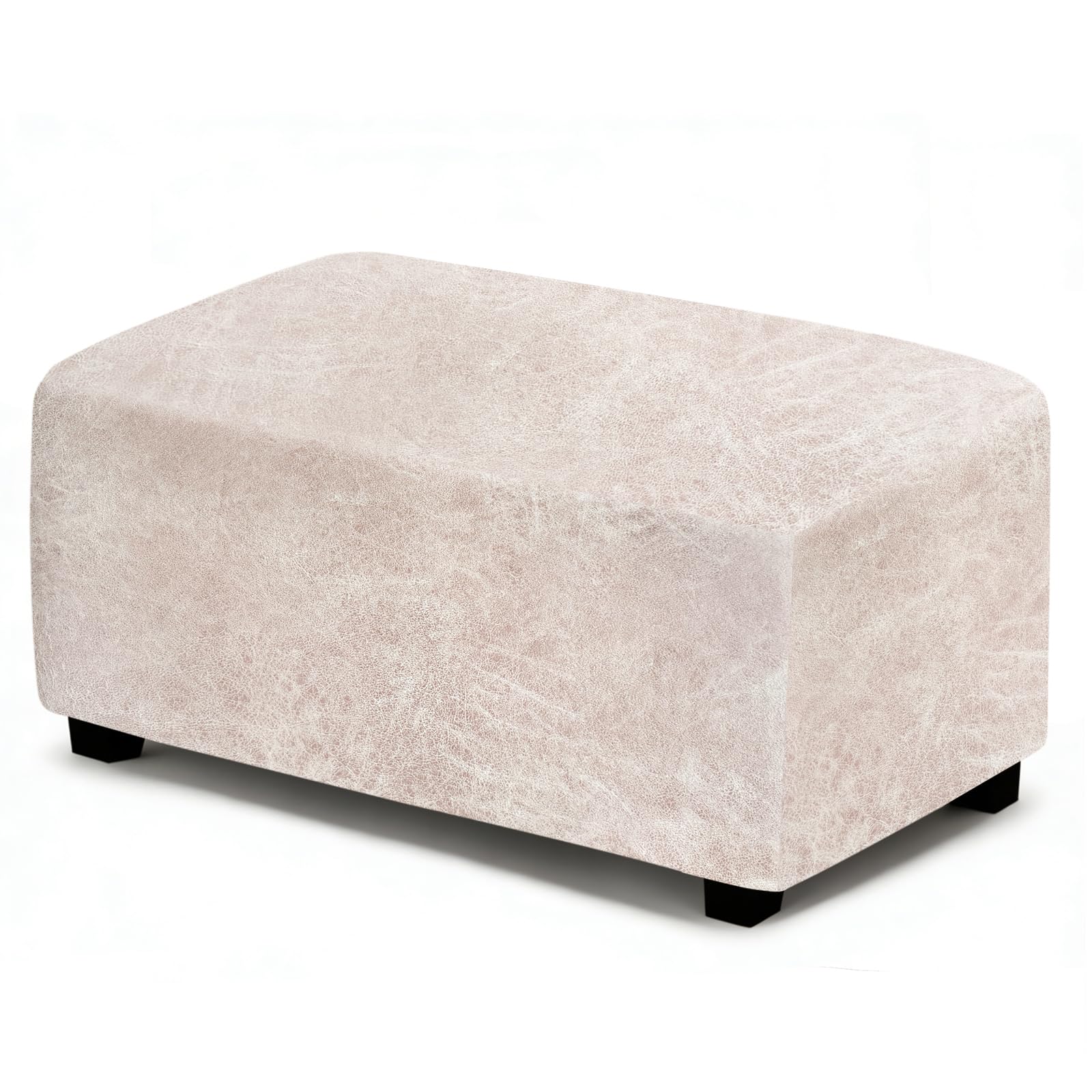 ANARACHON Leather Like Ottoman Cover, Stretch Small Square Ottoman Covers, Rectangular Ottoman Slipcovers with Removable Washable Non-Slip Elastic Bottom for Footstools (02 Beige, X-Large)