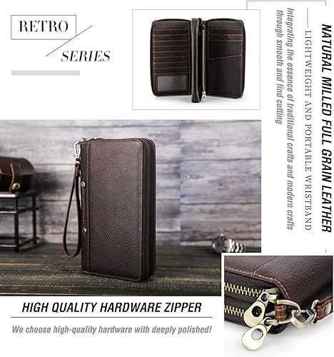 Vista 4 de CataPurus Serie de cartera de cuero genuino de grano superior, Café rojo - Actualizado - Cierre de cremallera, Vintage