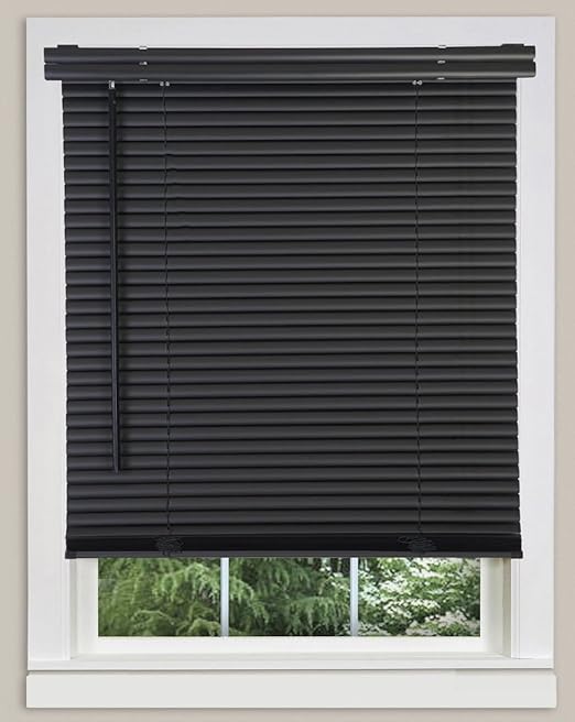 PowerSellerUSA 1" Slats Cordless Window Blinds, 48L x 34W Inches Solid Pattern Light Filtering Vinyl Indoor-Outside Ceiling Mount Mini Blind, Manual Cordless Rollup Window Privacy Blinds, Black