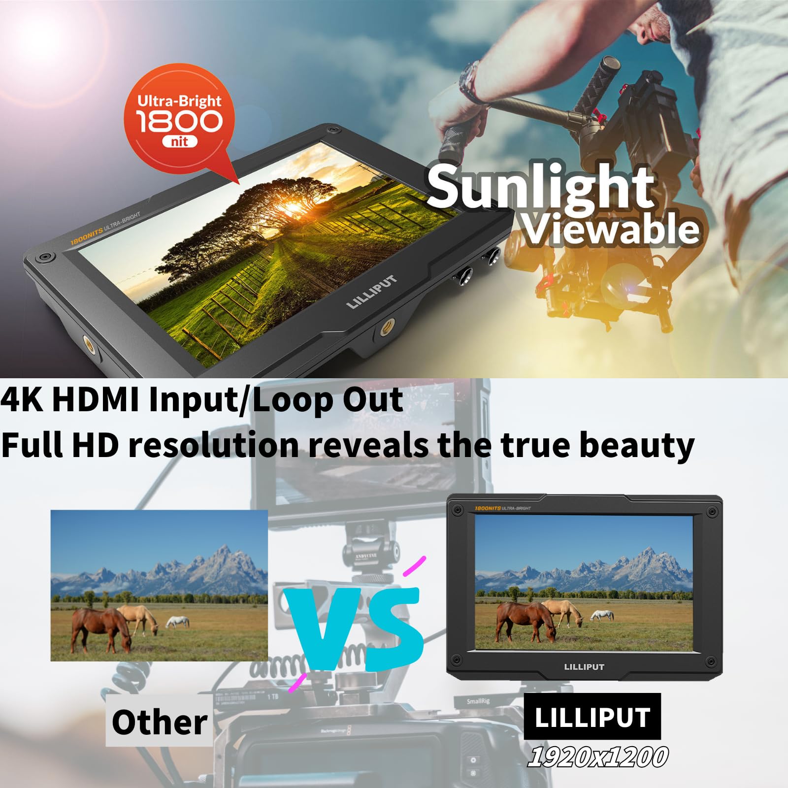 LILLIPUT H7S 7" Moniteur Camera 4K Ultra Luminosité sur Caméra Video Peaking Focus Assist avec 3G-SDI et HDMI 4K, Résolution Full HD, LCD Visible à la lumière du Soleil DSLR Monitor