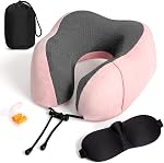 Travel Pillow 100% Pure Memory Foam Neck Pillow, Breathable & Machine Washable Cover, Neck Support Pillow with 3D Contoured Eye Mask, Earplugs & Portable Bag for Airplane Travel (Black)