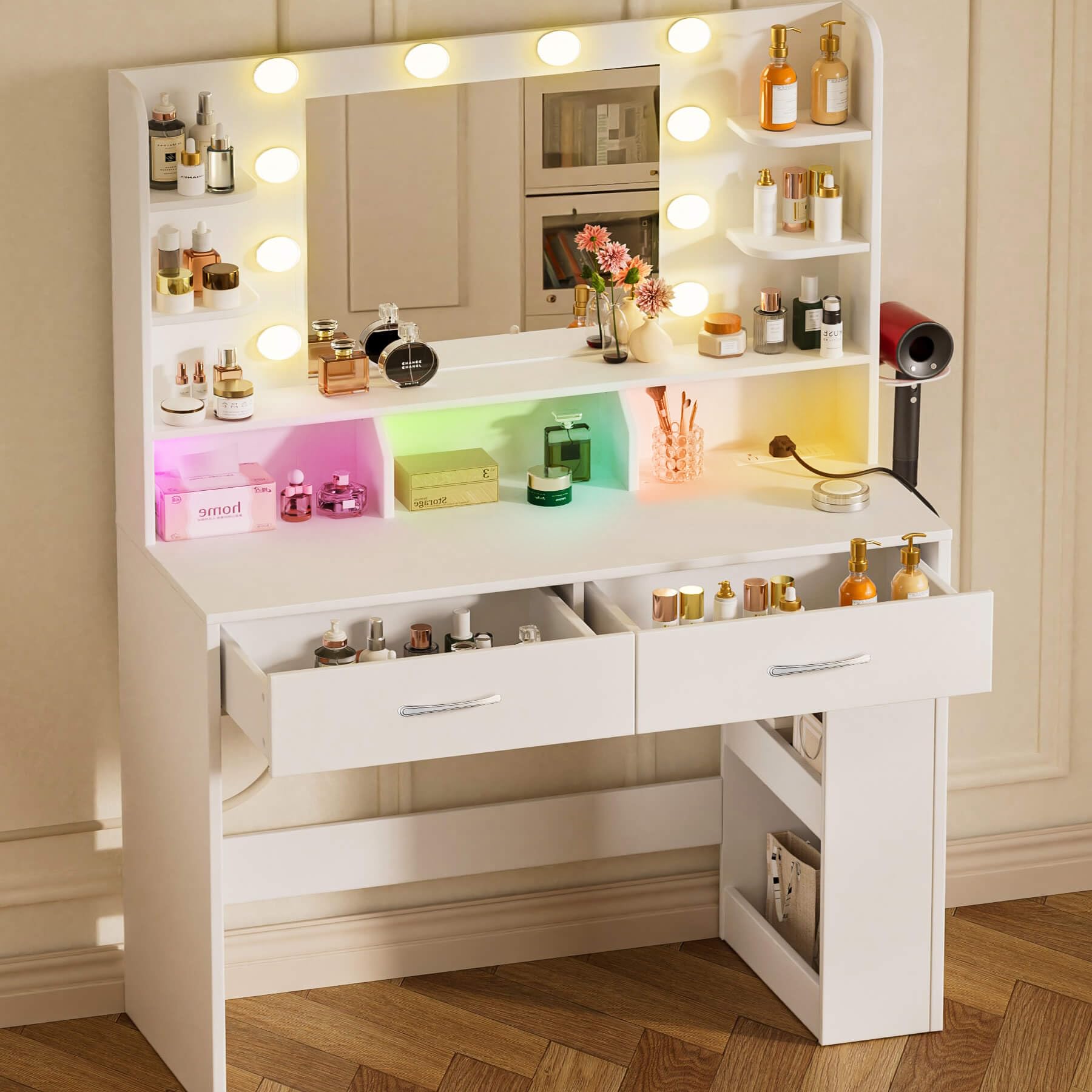 COMHOMA Vanity Desk with Lighted Mirror and Power Outlet, RGB LED Lights Makeup Vanity Set for Girls, Large Storage Capacity Dressing Table for Bedroom, 3 Lighting Modes Adjustable Brightness, White