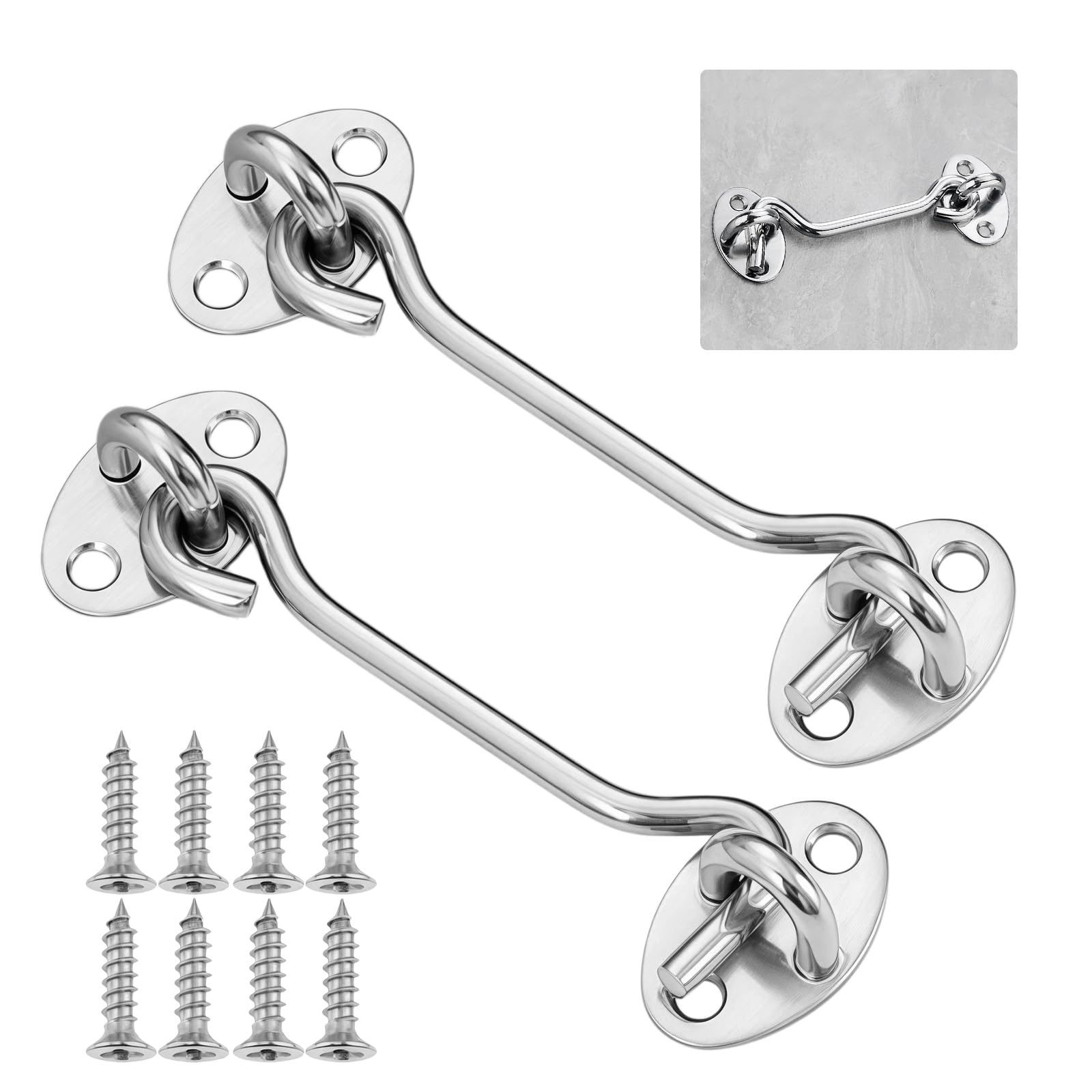 Tel Charme * 2-Pack 4 Inch Stainless Steel Hook & Eye Latch – Heavy Duty Cabin Hook for Doors, Gates, Windows, Cabinets – Includes Mounting Screws, Indoor/Outdoor Use (Silver)
