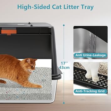 Smart Odor Control Stainless Steel Cat Litter Box, 135°Flip-Top XXL Metal Litter Box with Lid & Scoop, Enclosed High Sided Litter Pan for Big Cats, Non-Sticky, Easy to Clean (Black)