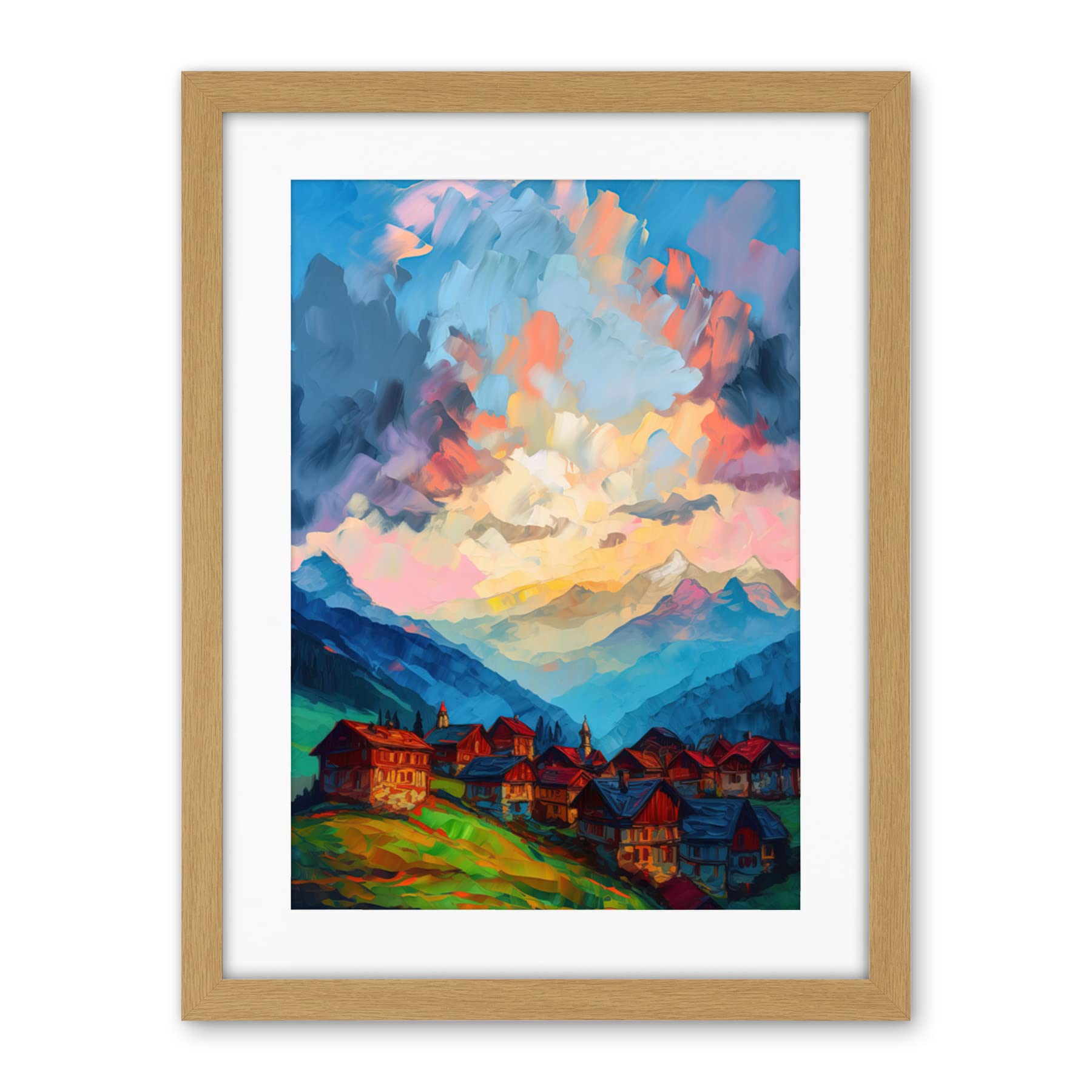 Artery8 Atmospheric Clouds at Dawn Over Small Village Houses in the Alps Modern Watercolour Painting Artwork Framed Wall Art Print 18X24 Inch