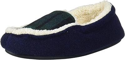 Dearfoams Unisex-Baby Kids Toddlers Felted Microwool and Plaid Moccasin Slipper, Navy blazer, 7-8 Toddler Medium US Toddler