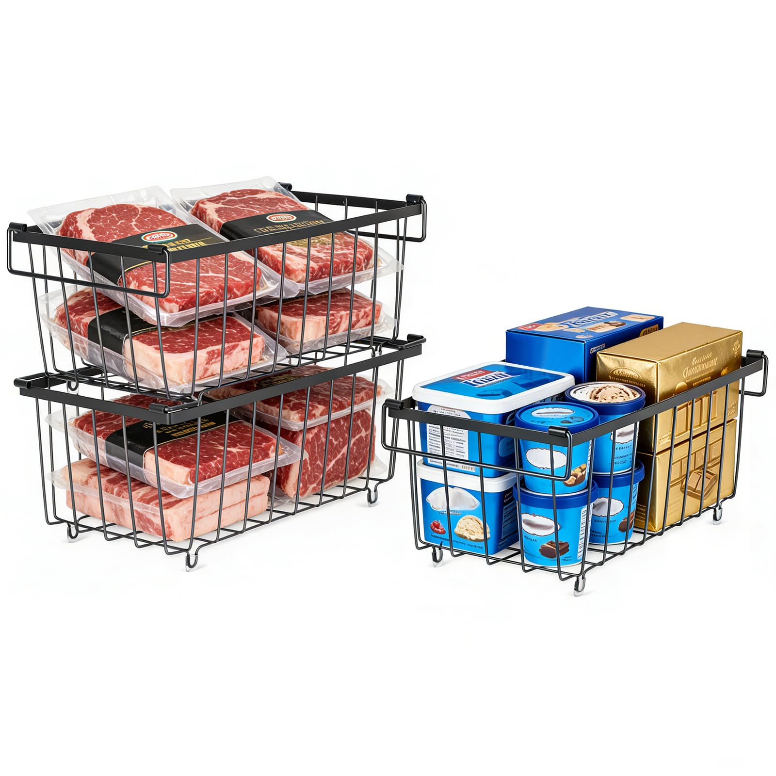 Esilihom Stackable Chest Freezer Baskets 3-Pack with Handles – Deep Freezer Organiser for 5-7 Cu.Ft, Metal Wire Storage Bins with Anti-Slip Base, Sorts Food & Saves Space, 36x18x16cm, Black — image 1