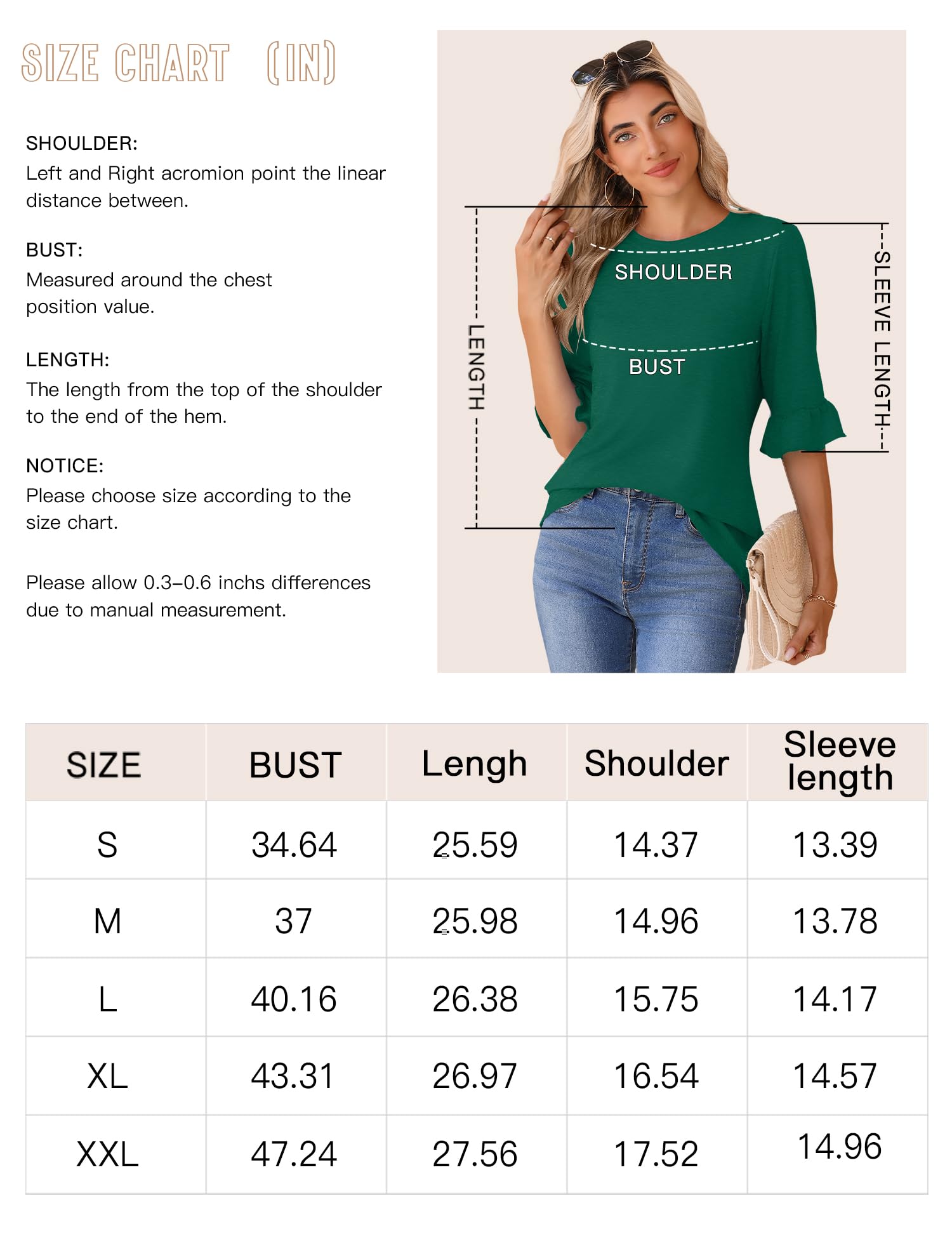 Rapbin Blusa de manga 3/4 para mujer, ajuste holgado, casual, cuello redondo, con volantes