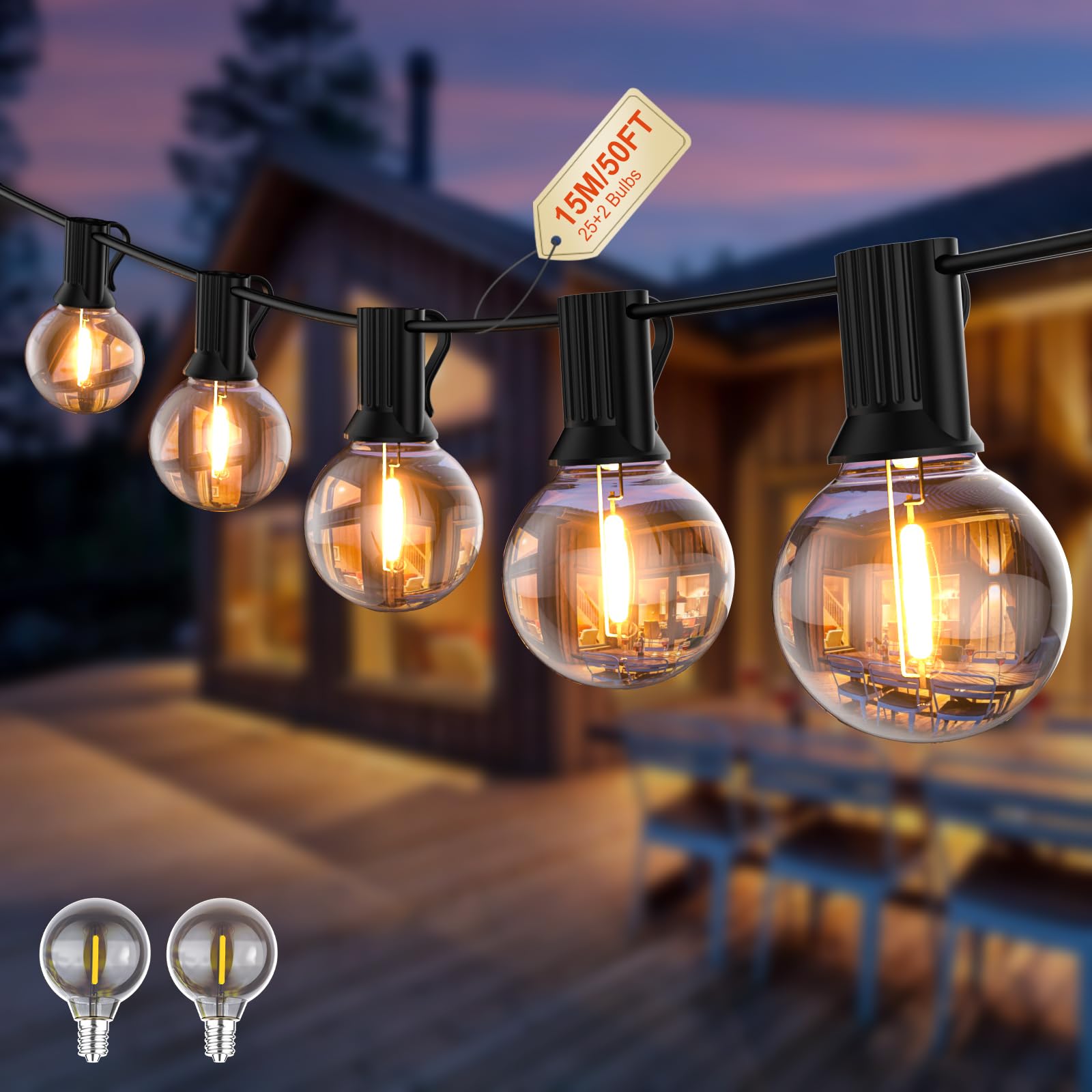 Pogestrand Outdoor Garden String Lights G40 15M Festoon Lights Mains Powered LED Gazebo Lights 25 Shatterproof Bulbs Waterproof Outside Lights for Patio Yard Balcony Gazebo Pergola Porch