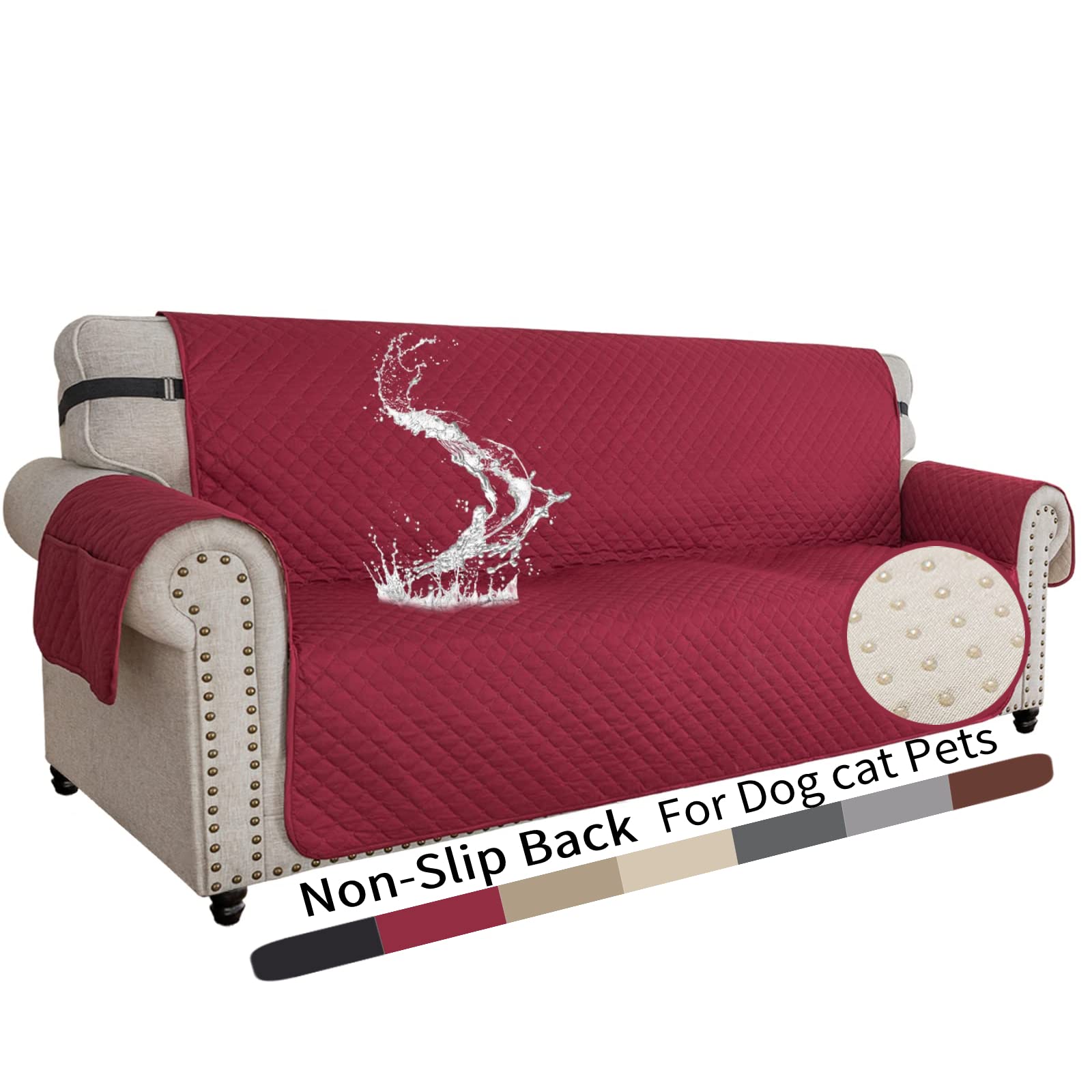 XINEAGE Quilted Sofa Covers 3 Seater, Water Resistant Couch Covers for 3 Seater, Non Slip Sofa Slipcoevrs for Dogs Pets, Reversible Sofa Protector with Elastic Strap Washable (Sofa, Red)