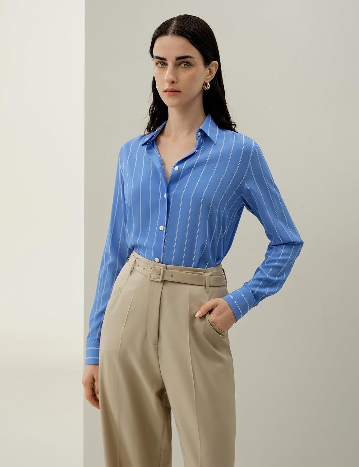 LilySilk 100% Silk Amalfi Striped Blouse for Women Silk Crêpe de Chine Long Sleeve Shirt, Breathable Button Down Work Casual