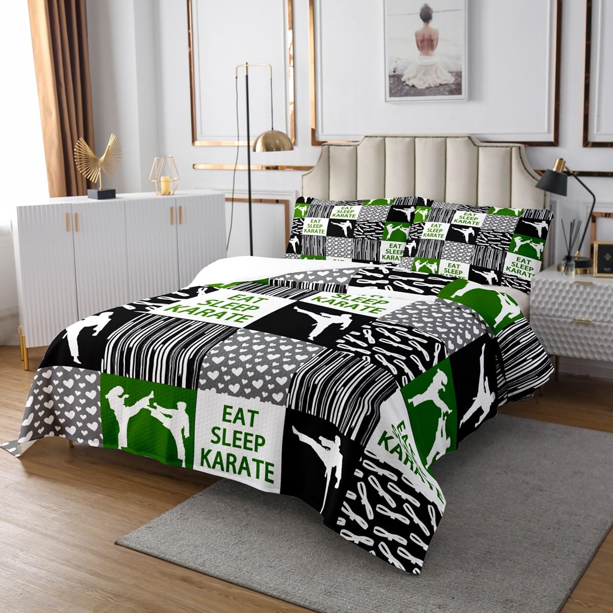 Homemissing Juego de colcha de decoración de karate, tamaño doble, moderna, geométrica, funda de ropa de cama de arte marcial, colección de ropa de cama verde karate para niños, niñas y adultos