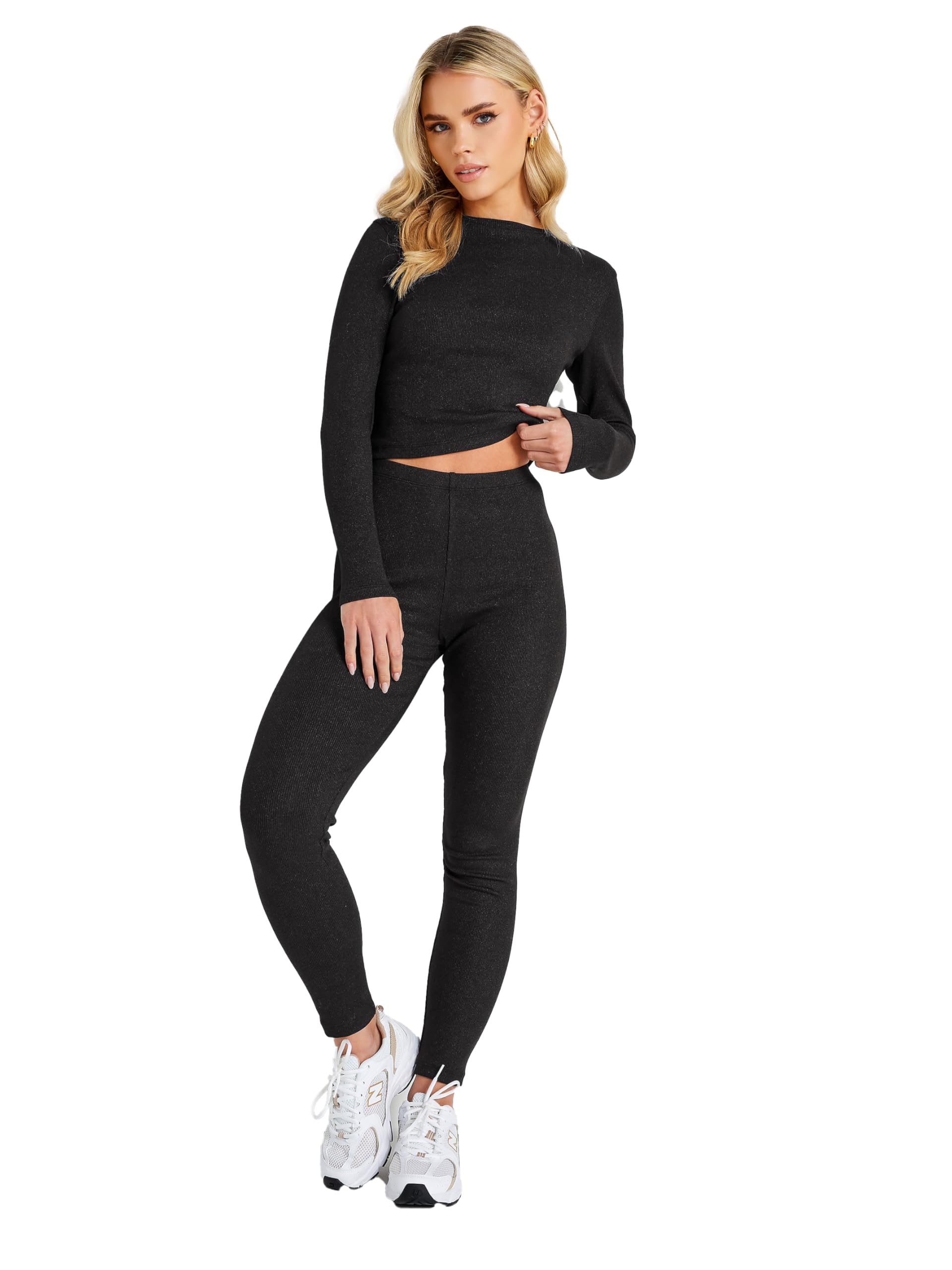 Pixiegirl Women's Black Petite Metallic Ribbed Leggings Petite