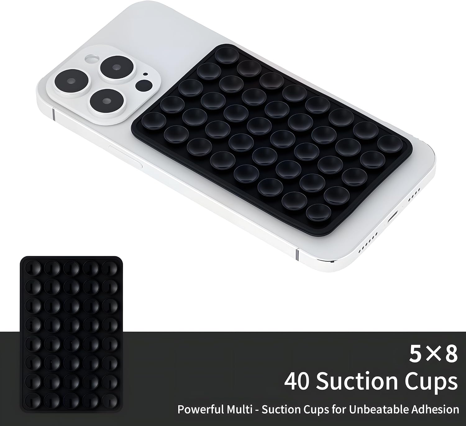 SHENGXIN 2 Pack Silicone Double-Sided Suction Grip – 40 Cups per Side, Strong Hold for iPhone, Galaxy, Pixel, Android – Hands-Free for Selfies & Videos (Black)