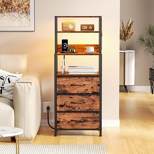 Miniatura 13 de Furnulem Mesita de Noche, Mesita Alta con 4 Estantes, 2 Cajones de Tela y Tubo de Luz, Mesas Auxiliares con Estación de Carga, Mesa de Noche para