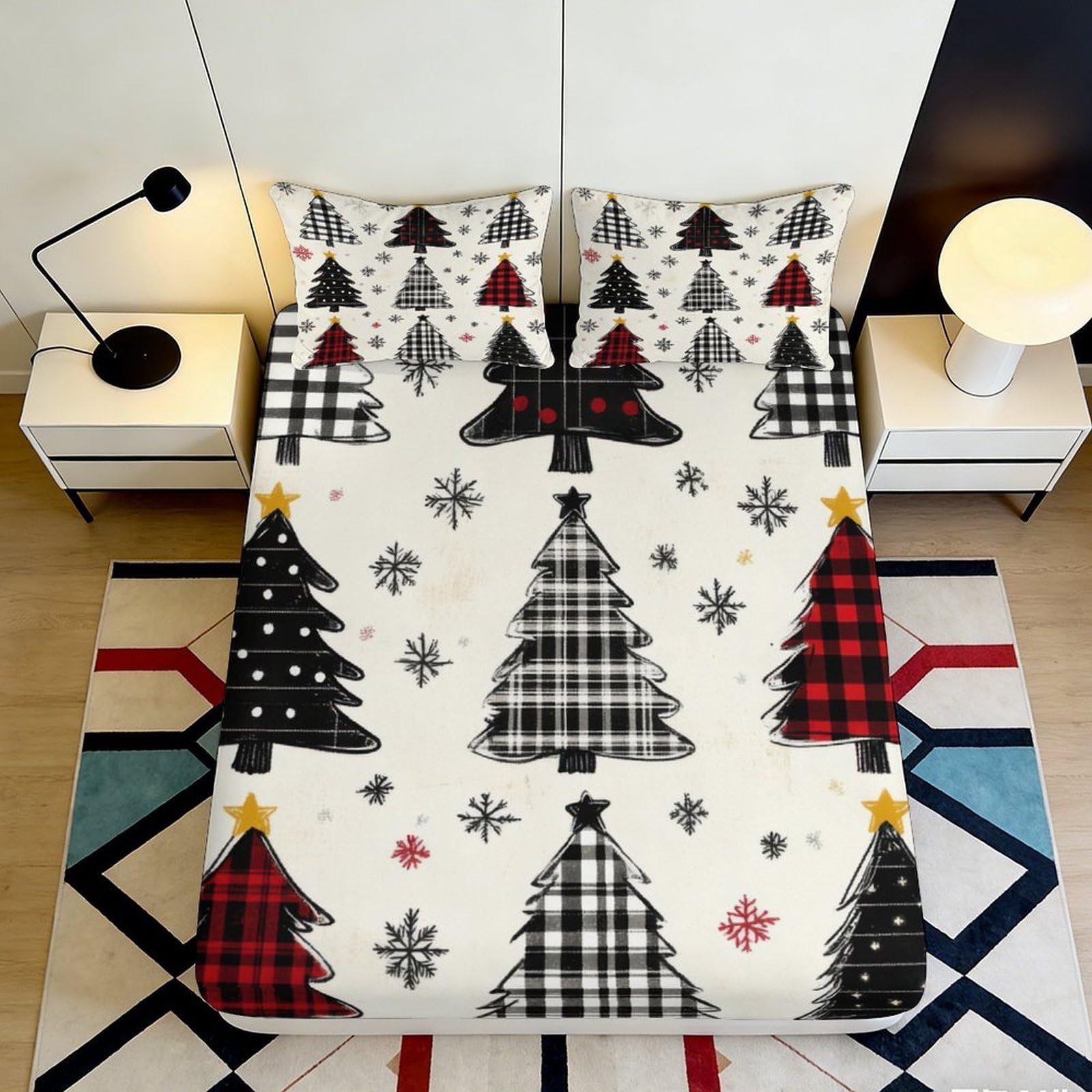 3D Printed Christmas Tree Fitted Sheet Microfiber Soft Breathable Snowflake Bed Cover for Bedroom Dormitory Guest Room Mattress Protection Decor 140x200x25cm