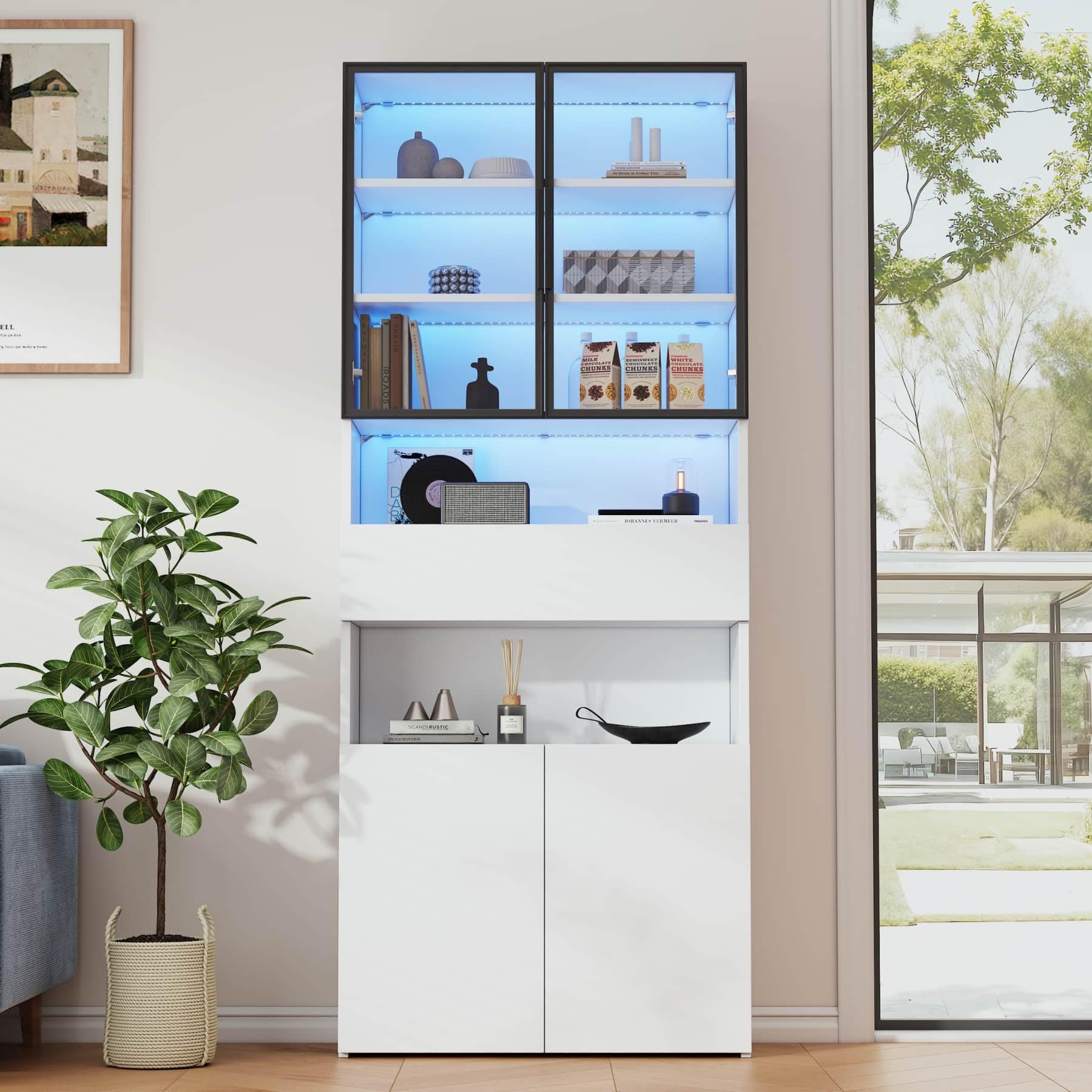 YEHTOKHOME Vitrina con LED y 2 puertas de cristal (blanco) | Cajón, estantes ajustables, biblioteca para libros y colección, para salón, dormitorio u oficina