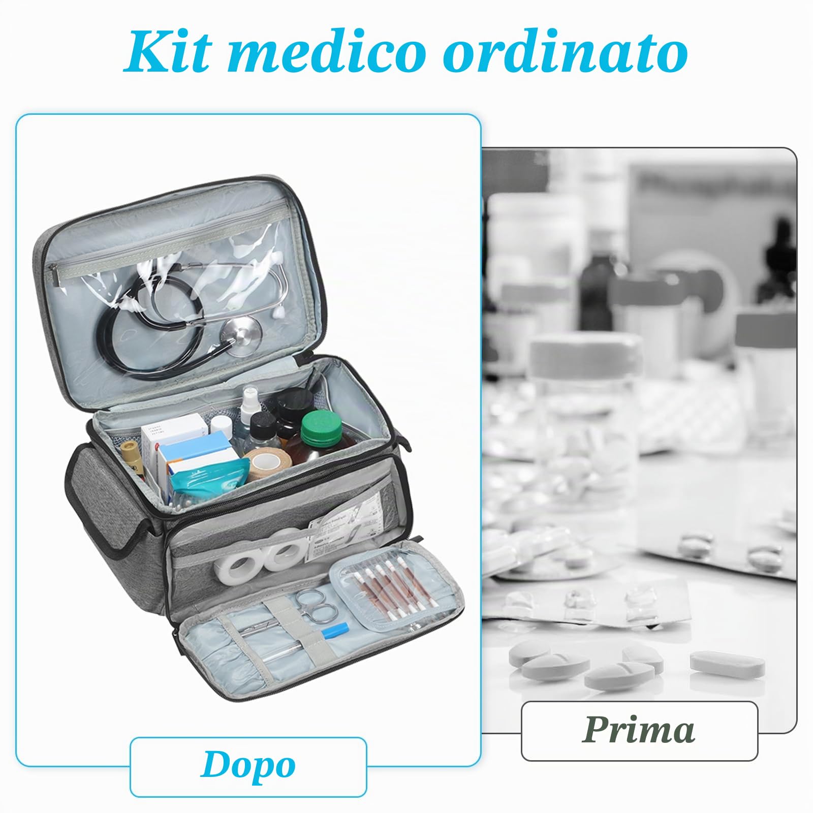 Borsa Medica Vuota, Kit di Pronto Soccorso Portatile Impermeabile, Kit Farmaci per Casa, Ufficio, Esterno, Grigio