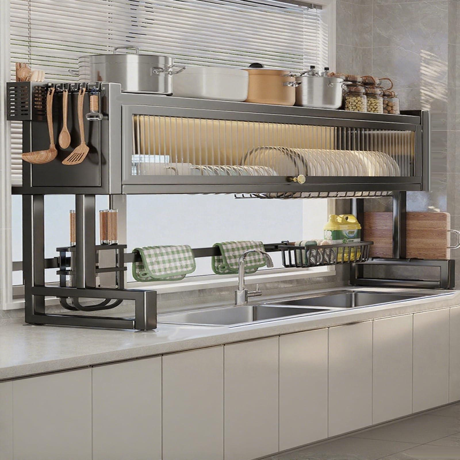 Escurreplatos Extensible sobre el Fregadero - Estante Organizador de Cocina con Soporte Plateado, Negro, 81 cm/63 cm - Diseño eficiente y Compacto para un Secado rápido y fácil Acceso