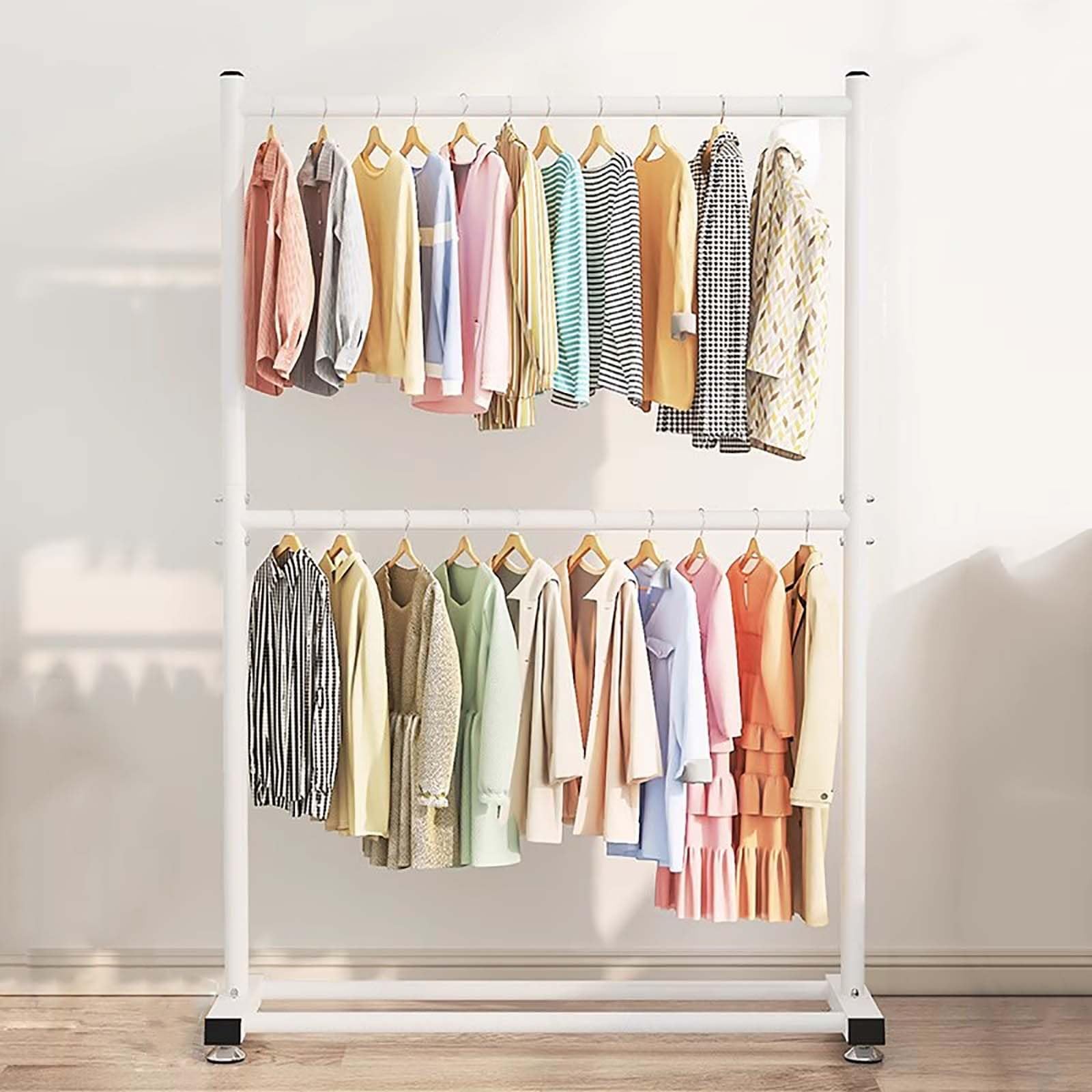 YNBSHGAA Double Clothes Rack, Heavy-Duty Metal Structure, Portable Wardrobe with Storage Shelf, Sturdy Garment nizer for Clothes, Gold Finish, 120cm/47.3in,Bianco-150cm/59.1in
