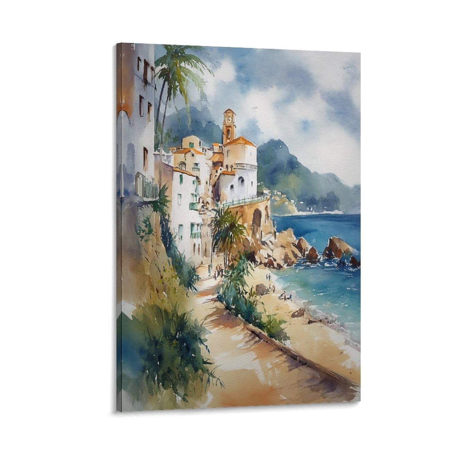 Cnaheiz Frame-Style San Juan Puerto Rico Watercolor Painting Tropical Travel Art 20X30inch(50X75cm) Vintage Watercolor Canvas Art