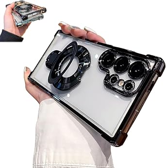 Clear Sticky Holder Phone Case with Four Corners,for Samsung Airbag Anti-Fall Phone Case with Invisible Ring Stand,Electroplated Magnetic Stand Mobile Phone Cases for Samsung D,S24Ultra