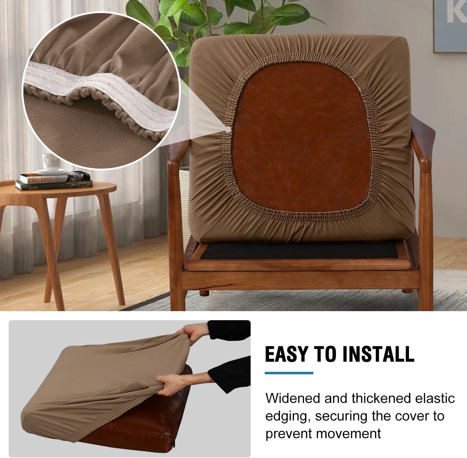 H.VERSAILTEX Fleece Chair Cover Stretch Cushion Covers for Couches and Sofas 2 Piece Thick Soft Accent Chair Cover for Mid-Century Modern Chair (Seat Cushion Cover Plus Back Cushion Cover, Camel)