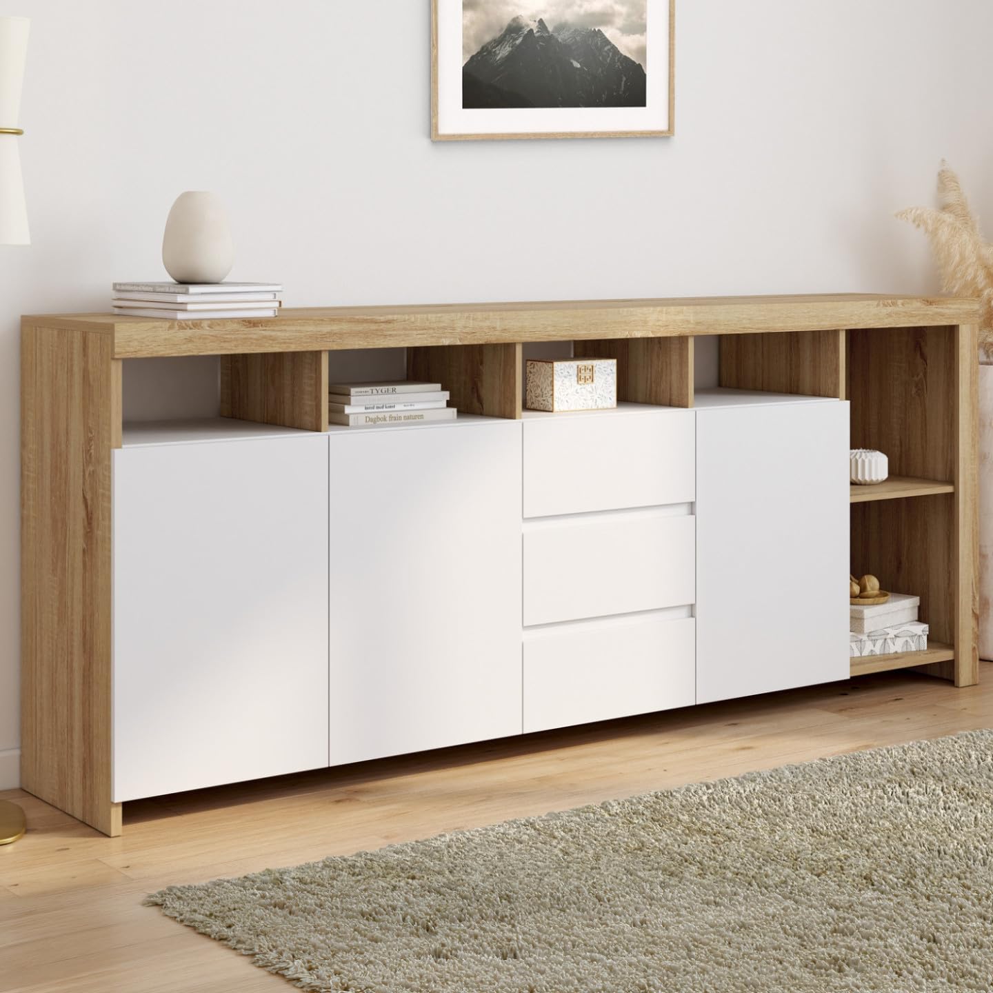 IDMarket - Buffet 180 cm Malo Bois façon hêtre 3 Portes et 3 tiroirs Blancs