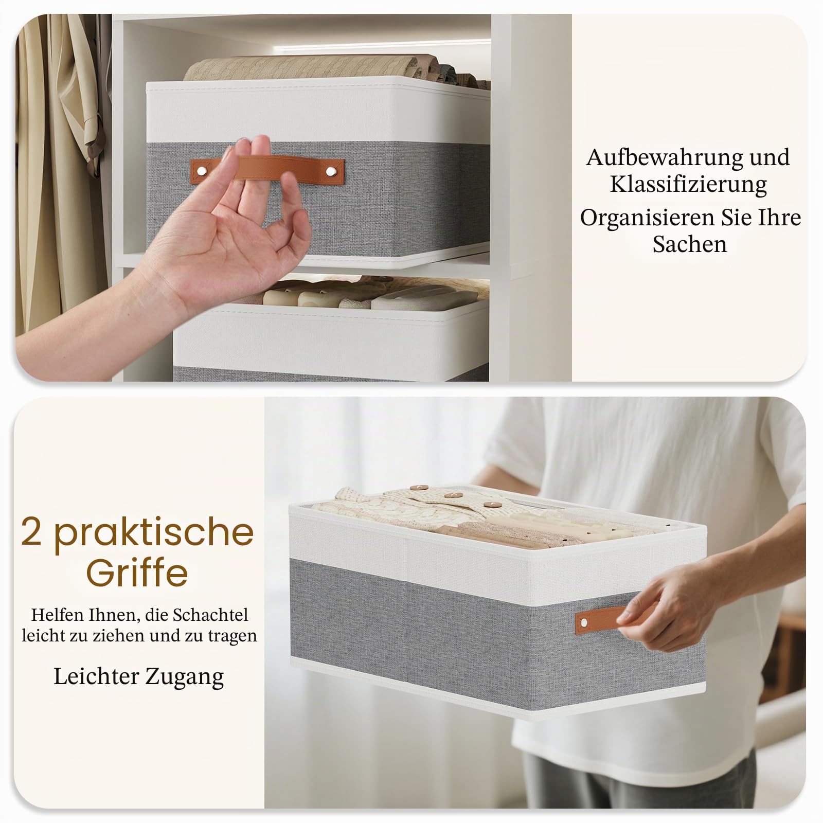4 Stück Aufbewahrungsbox, Weiß/Grau Stoffboxen, 47×28×20cm | Aufbewahrungskorb Stoff, Aufbewahrungsboxen, Faltboxen, Kleiderschrank Organizer, für Kleidung, Kleiderbox