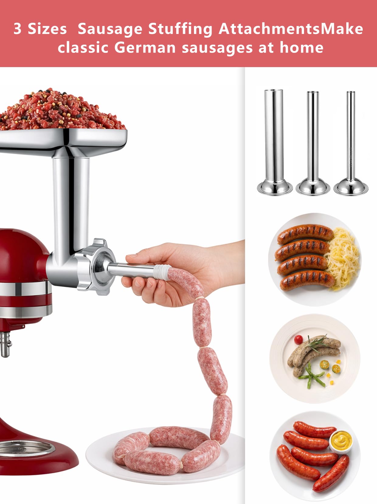 Picadora de carne y cepilladora para trituradora de papel para batidora KitchenAid, batidora de accesorios Kitchenaid con 3 cuernos de relleno de salchichas, 3 cuchillas, 4 accesorios para muñecas de