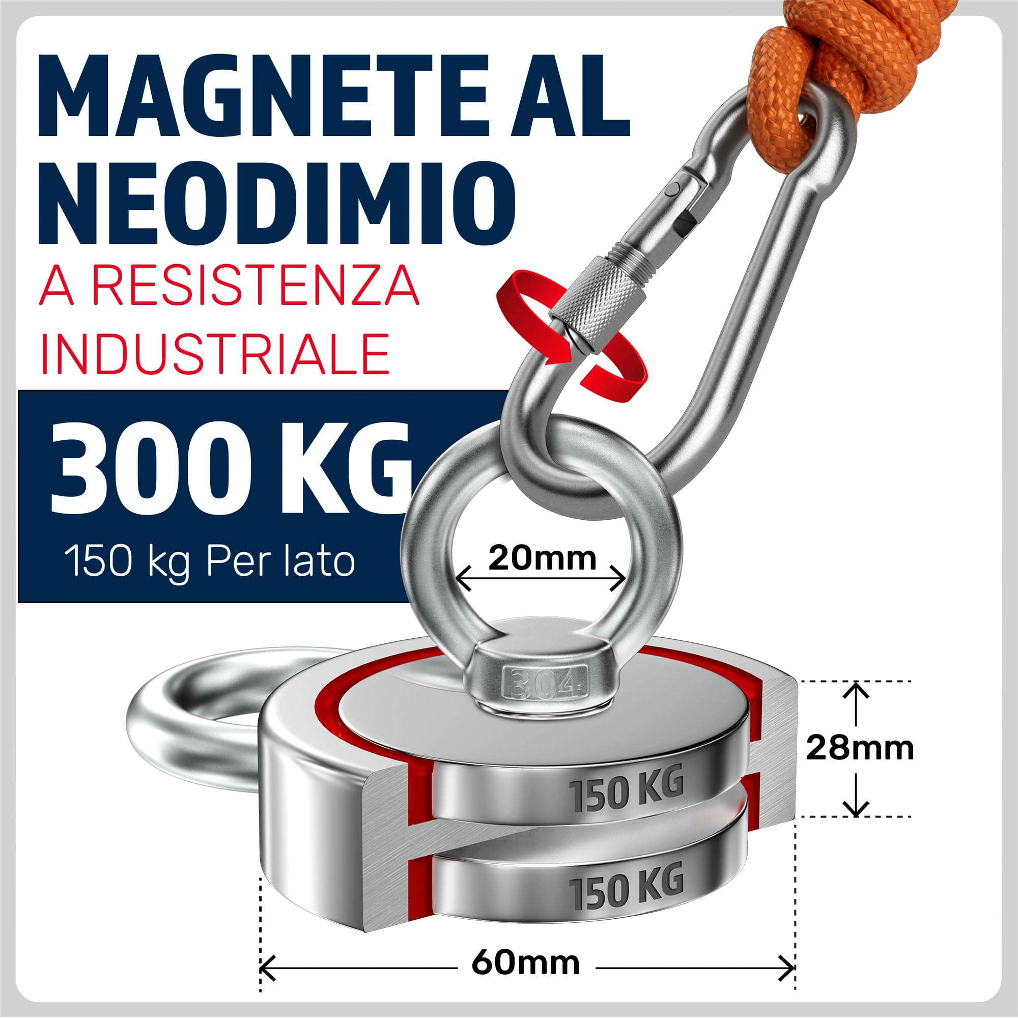 MAGFISHION Calamita Potente - Set di Magnete da Pesca - Forza di Trazione 300KG (2x 150kg) - Ø60mm - Magneti al Neodimio - Calamite Potenti con Corda (20M) & Guanti - Magnet Fishing