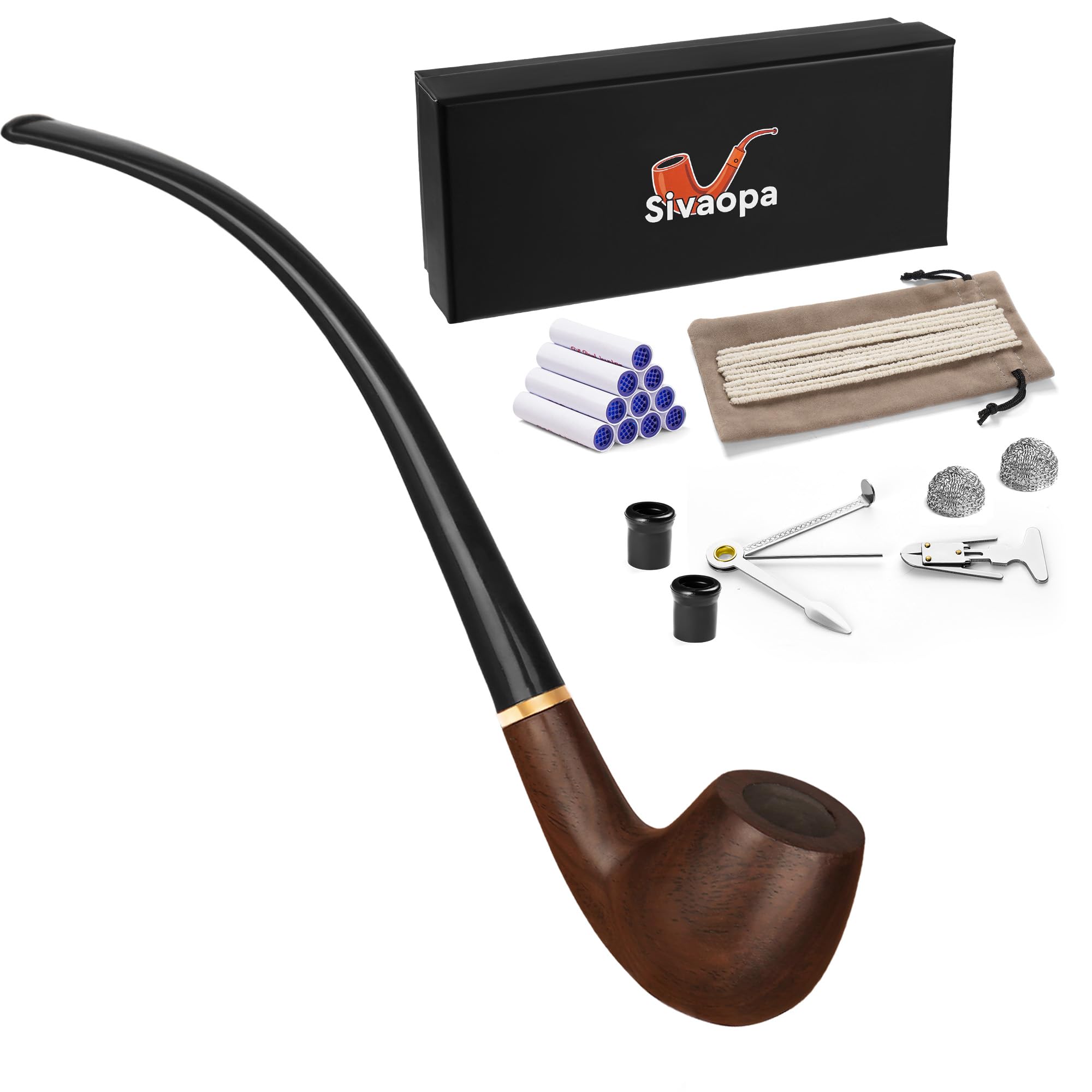 Churchwarden Tobacco Pipe Long Stem – Handmade Ebony Wood Pipe with Accessories Set, 9-Inch Vintage-Style Gentleman’s Gift for Display, Travel & Collection