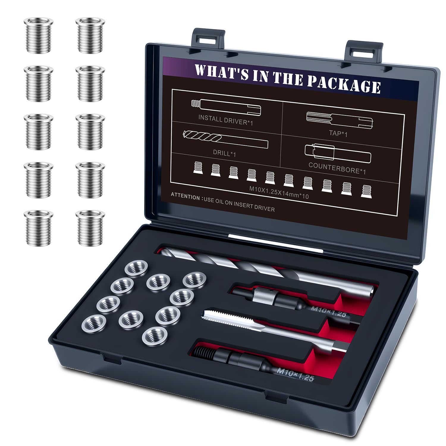 Photo 1 of SENNMONN M10X1.25 Thread Repair Kit with 14mm Insert HSS Drill, Tap, Counterbore,Installation Driver,Stainless Steel Insert M10*1.25 * 14mm *10PCS