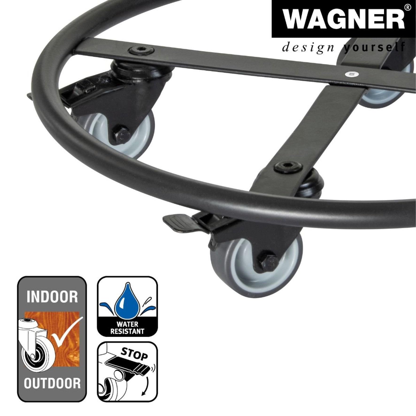 WAGNER Pflanzenroller Skelett Round - Ø 38 x 8 cm I Pflanzenroller, Soft-Rollen mit Bremsen I für Innen - & Außenbereich I Blumenroller Stahl beschichtet schwarz I Tragkraft 150 kg - 20701201
