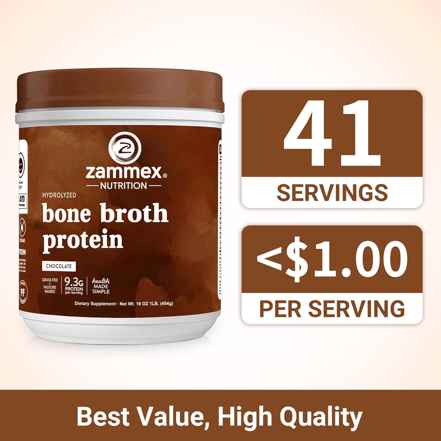 Zammex Bone Broth Protein Powder, Pure Grass Fed Beef, Chocolate Protein Powder,Hydrolyzed Collagen Supplement for Healthy Skin,Nails,Hair,Joints, Non-GMO,Gluten Free, Great in Shakes