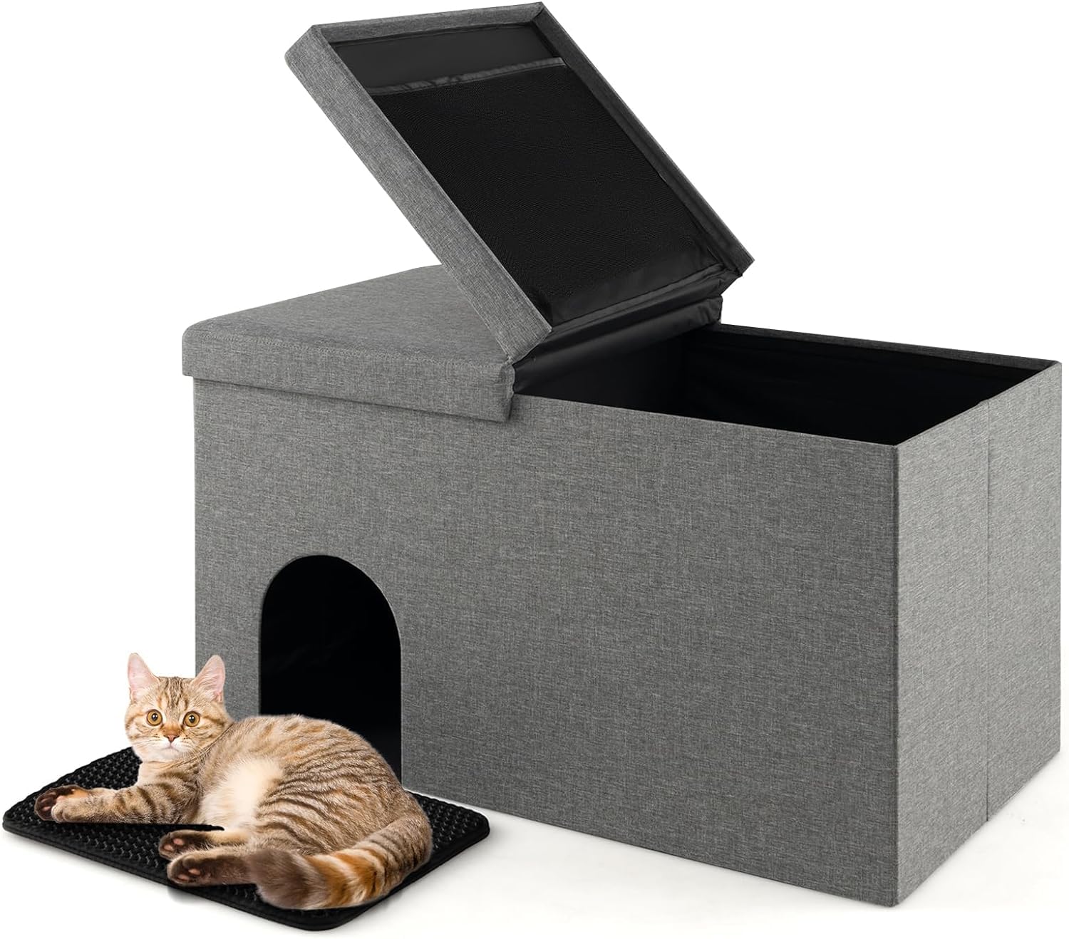GYMAX Cat Litter Box Enclosure, Hidden Washroom Bench Ottoman with Flip-up Lid, Odor Control Filter and 2-Layer Mat, 3-in-1 Foldable Cat Furniture Kitty House for Living Room Bedroom (Grey)
